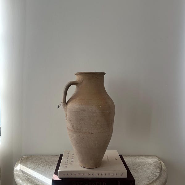 Vintage Turkish Vase | 15.5” Tall Neutral One-Handled Ceramic | Large Vintage Vase | Organic Home Decor | Statement Vessel
