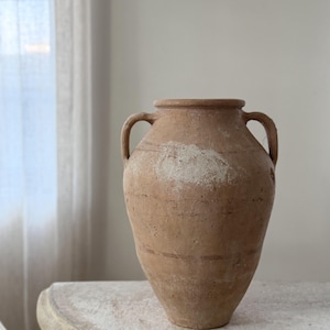 Large Vintage Terracotta Vessel | Turkish Double Handled Antique Vase | Mediterranean Rustic Decor with Sun-Washed Patina