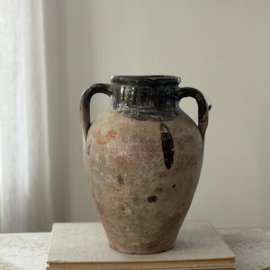Vintage Konya Olive Oil Pot | Terracotta Vessel with Olive Green Glazed Rim & Patina | Turkish Antique Pottery Vase | Wabi Sabi Decor