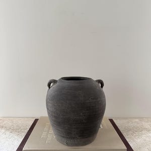 Vintage Black Clay Pot, Small Rustic Pottery Vessel, Two Handle Earthenware, Primitive Decor, Wabi Sabi Home Decor, Antique Style Vase
