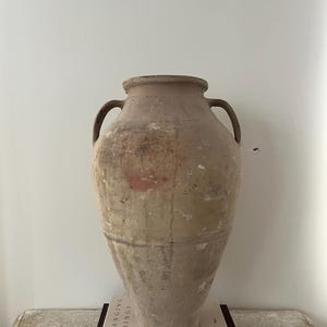 XL Vintage Turkish Double Handled Vase • Earthy Organic Beige Pottery • Large Turkish Ceramic Urn • Mediterranean Decor •