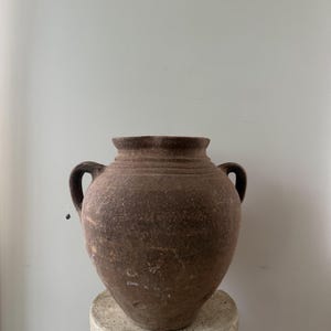 Antique Turkish Terracotta Vessel | Double Handled Anatolian Pot | Rustic Brown Pottery Vase | Vintage Mediterranean Decor | Patina Pot