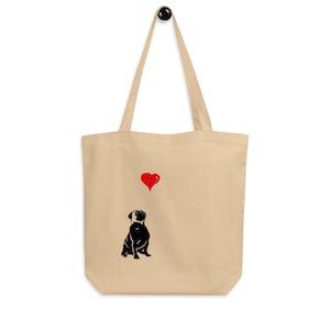Pug design beautiful organic cotton eco Pug Tote Bag Pug love cute pug bag gift pug lovers of pugs valentines pug gift cute pug tote bag pug