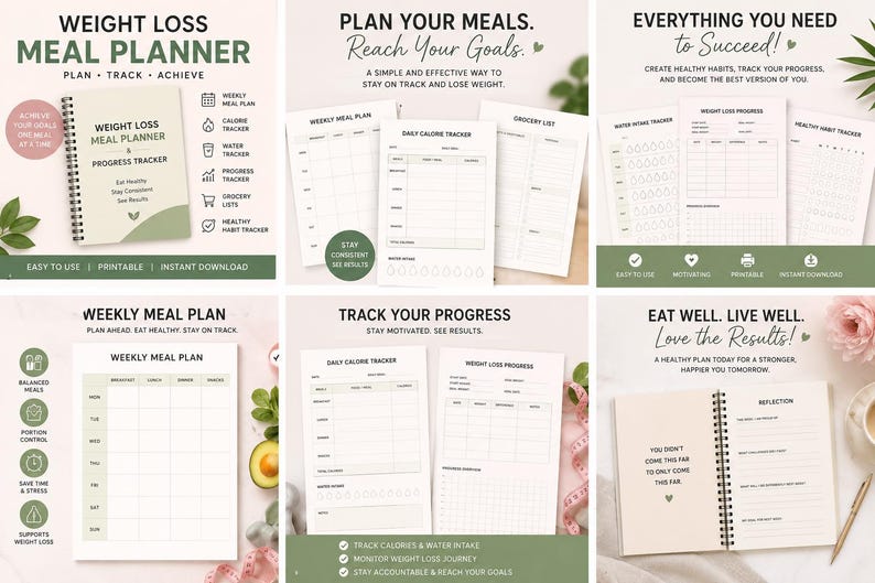Weight Loss Meal Planner Printable | Food Tracker & Calorie Counter ...
