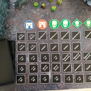 Könnte beinhalten: Eine Sammlung schwarzer quadratischer Spielmarken mit weißem Text, darunter +1 to Wound, -1 to Wound, Battleshock, Hidden, +1 to Hit, -1 to Hit, Objective Secured, +1 to WS, -1 to WS, Ignore Cover, Bracketed, Stealth, +1 to BS, -1 to BS, +1 to AP, -1 to AP, sowie runde oder rautenförmige Marken mit Burg- und Totenkopfsymbolen.