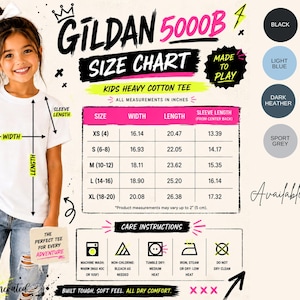 May include: A Gildan 5000B kids heavy cotton tee size chart featuring a white t-shirt, a table with width, length, and sleeve length measurements in inches, care instructions, and a color palette including black, white, light blue, light pink, dark heather, orange, sport grey, and navy.