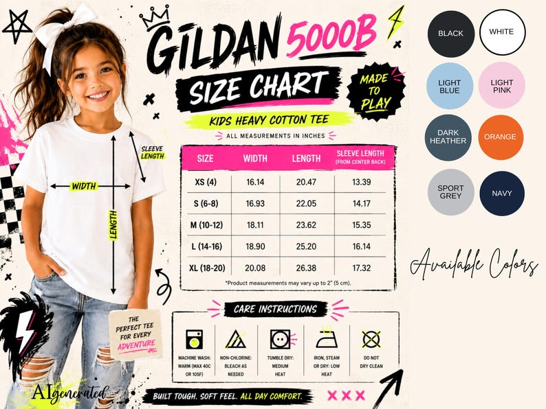 May include: A Gildan 5000B kids heavy cotton tee size chart featuring a white t-shirt, a table with width, length, and sleeve length measurements in inches, care instructions, and a color palette including black, white, light blue, light pink, dark heather, orange, sport grey, and navy.