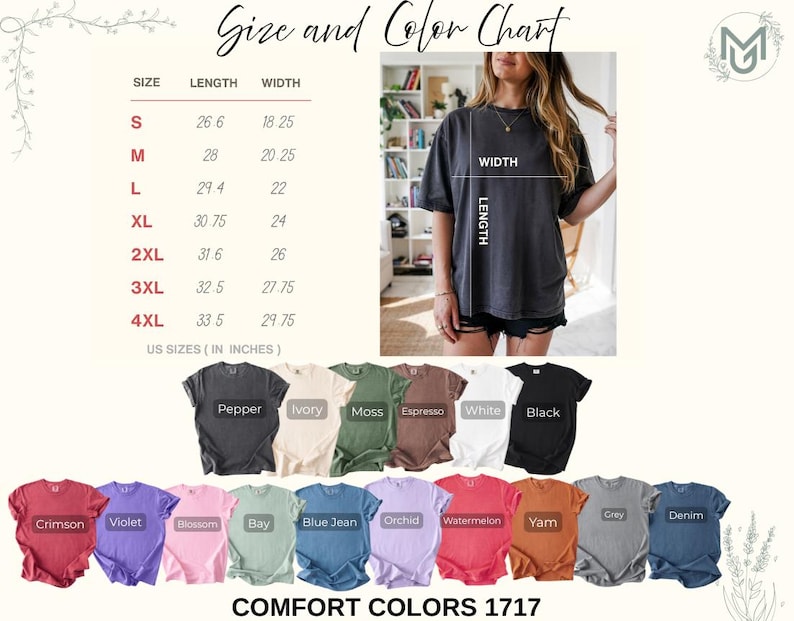 May include: A Comfort Colors 1717 t-shirt size and color chart featuring a table of measurements in inches, a photograph of a person wearing a charcoal grey t-shirt, and a display of seventeen t-shirts in various colors labeled with names.