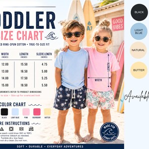 May include: A toddler size chart for t-shirts featuring a table with width, length, and sleeve length measurements in inches. The chart includes a color palette with black, white, light blue, light pink, natural, raspberry, butter, and navy options.