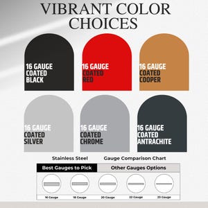 May include: Image showcasing color options for 16-gauge coated materials, including black, red, copper, silver, chrome, and anthracite. Text at the top reads "VIBRANT COLOR CHOICES." A gauge comparison chart is also included.