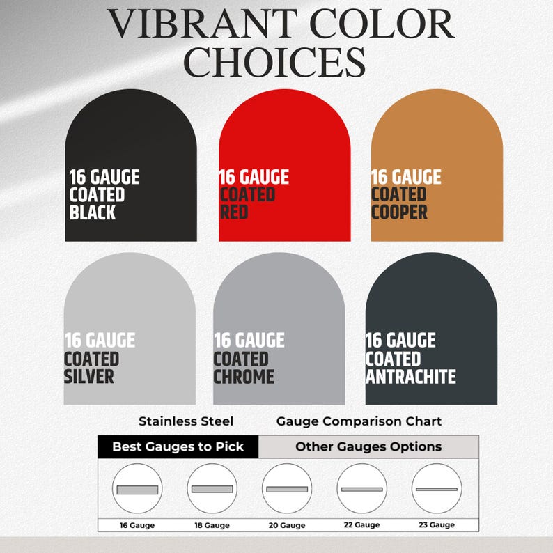 May include: Image showcasing color options for 16-gauge coated materials, including black, red, copper, silver, chrome, and anthracite. Text at the top reads "VIBRANT COLOR CHOICES." A gauge comparison chart is also included.