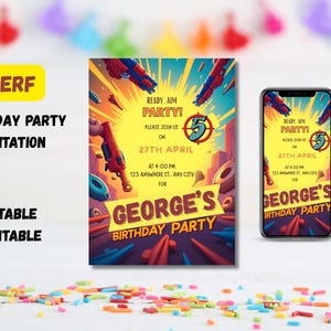 Puede incluir: Una invitación colorida a una fiesta de cumpleaños con temática Nerf. La invitación presenta una imagen de dibujos animados de una pistola Nerf y un objetivo con el texto "Ready. Aim. Party!" y "George's Birthday Party".