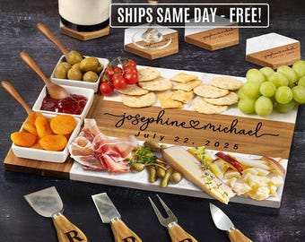 Personalized Charcuterie Board, Wedding Couple Gift, Custom Marble Wood Cheese Board, Bridal Shower Engagement Anniversary Gift for Her