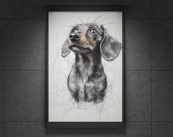 Dachshund Sketch Art Print - Black and White Dog Drawing, Minimalist Pet Wall Art