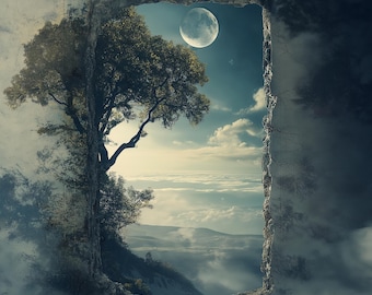 Digitale muurkunst: surrealistische landschapsafdruk 'Window to the Moon'