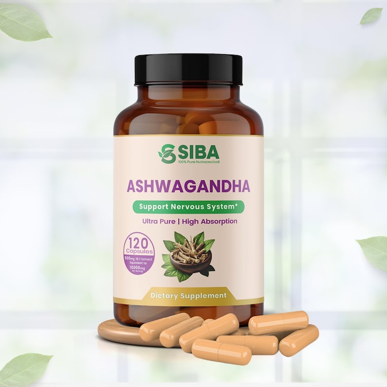 May include: A brown bottle with a white label that says "SIBA 100% Pure Nutraceutical" and "ASHWAGANDHA Support Nervous System* Ultra Pure | High Absorption 120 Capsules 500mg Extract 10000mg Dietary Supplement". The bottle is sitting on a wooden surface with several brown capsules scattered around it.