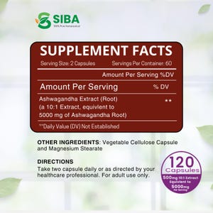 May include: Supplement facts label for Ashwagandha Extract capsules. Serving size is 2 capsules, with 5000 mg of Ashwagandha Root per serving. Other ingredients include vegetable cellulose capsule and magnesium stearate. Directions: Take two capsules daily or as directed by your healthcare professional. For adult use only.