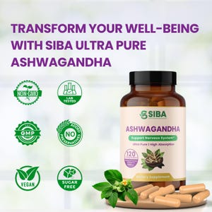 May include: A brown bottle of SIBA Ashwagandha dietary supplement capsules. The bottle label features the brand name, product name, and claims to support the nervous system. The bottle is labeled as non-GMO, lab tested, GMP certified, vegan, sugar-free, and with no added preservatives. The bottle contains 120 capsules.