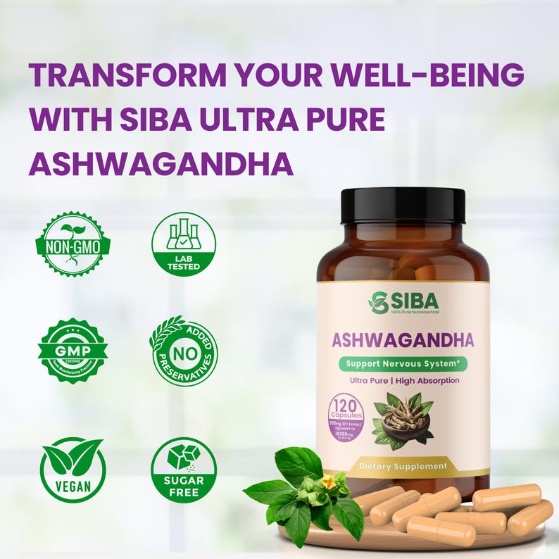 May include: A brown bottle of SIBA Ashwagandha dietary supplement capsules. The bottle label features the brand name, product name, and claims to support the nervous system. The bottle is labeled as non-GMO, lab tested, GMP certified, vegan, sugar-free, and with no added preservatives. The bottle contains 120 capsules.