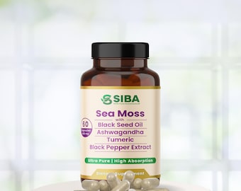 SIBA Sea Moss Capsules with Black Seed Oil, Ashwagandha & Turmeric - 120 Count