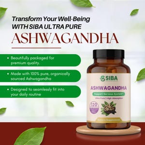 May include: A brown bottle with a white label that says "SIBA ASHWAGANDHA Support Nervous System* Ultra Pure | High Absorption 120 Capsules Dietary Supplement". The bottle contains capsules and is sitting on a wooden surface.