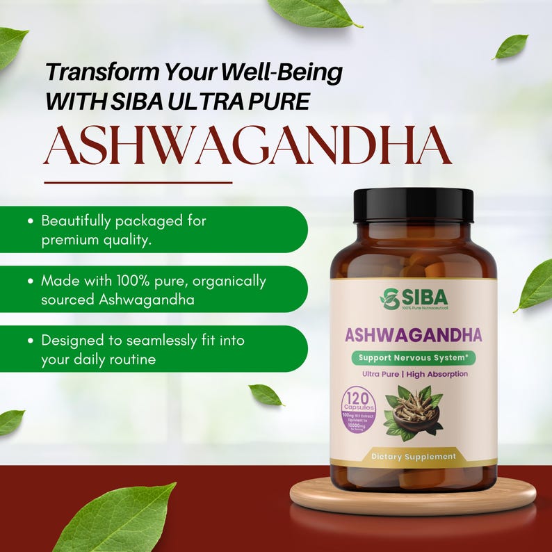 May include: A brown bottle with a white label that says "SIBA ASHWAGANDHA Support Nervous System* Ultra Pure | High Absorption 120 Capsules Dietary Supplement". The bottle contains capsules and is sitting on a wooden surface.