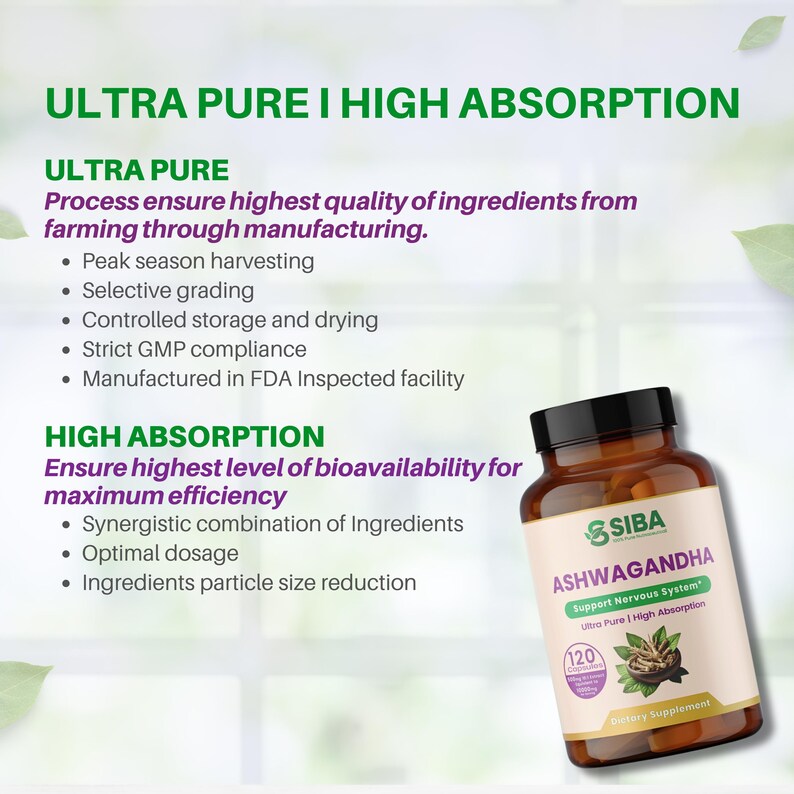 May include: A brown bottle with a white label that reads "SIBA ASHWAGANDHA Support Nervous System Ultra Pure | High Absorption 120 Dietary Supplement". The bottle contains capsules and is a dietary supplement.