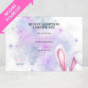 Certificado de adopción de conejo: certificado de mascota imprimible, lindo recuerdo de conejo, descarga instantánea, ¡regalo de conejo personalizable para niños!