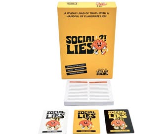 May include: A yellow box with the words "Social Lies" in black and a cartoon brain with a smile. The box contains a party game with 500 fill in the blanks, voting and role cards, and a scoring notepad. The game is created by Let's Get Social.