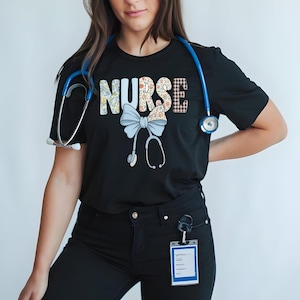 Nurse Shirt with Stethoscope and Bow Cute Floral Scrub Life Tee  Nursing Appreciation Gift for RN LPN Nurse Week Tshirt for Women