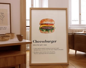 Puede incluir: Una ilustración de acuarela de una hamburguesa con queso con la definición de la palabra "cheeseburger" debajo. La definición dice: "[cheez-bur-ger] sustantivo 1. Un sándwich americano clásico que consiste en una hamburguesa de carne cubierta con queso derretido, servida en un pan con varios condimentos y aderezos. 2. La comida reconfortante definitiva que responde a la pregunta: "¿Por qué comer una hamburguesa simple cuando puedes agregar queso?"