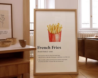 Puede incluir: Una ilustración de acuarela de papas fritas en un contenedor de papel rojo. La imagen está acompañada de una definición de la palabra "papas fritas" con la pronunciación y dos definiciones.