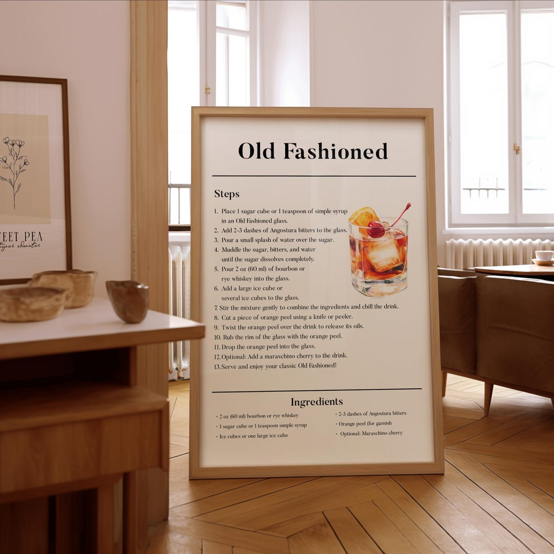 Old Fashioned Cocktail Recipe – Classic Drink Guide – Bar Wall Art ...
