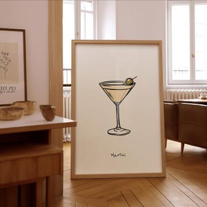 Impresión de ilustración de cóctel Martini: elegante arte de pared para bar: póster enmarcado o sin marco: regalo para entusiastas de los cócteles