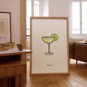Impresión de ilustración de cóctel Gimlet: elegante arte de pared para bar: póster enmarcado o sin marco: regalo para entusiastas de los cócteles