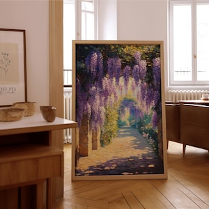 Parete artistica impressionista con sentiero di glicine – Stampa a olio vintage – Poster con o senza cornice – Arredamento senza tempo per la casa e l'ufficio