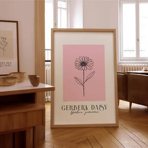 Stampa artistica Gerbera Daisy Line – Decorazione floreale minimalista rosa tenue – Poster con o senza cornice – Regalo per gli amanti delle piante e della natura