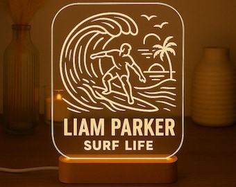 Surfer Personalisierte Nachtlicht Kundenspezifische LED-Lampe mit Laser graviertem Design und Text auf Acryl