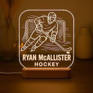 Hockey Player Custom Night Light Personalized LED Gift with Laser Engraved Acrylic Design and Wooden Base