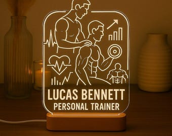 Personal Trainer Custom Night Light Personalized Gift with Laser Engraved Acrylic and LED Wooden Base
