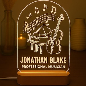 Musician Custom Night Light Personalized Gift with LED Wooden Base and Laser Engraved Acrylic Design