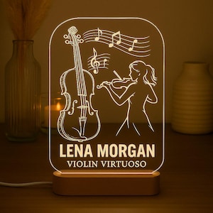 Violinist Custom Night Light Personalized LED Gift with Engraved Acrylic Design and Wooden LED Base