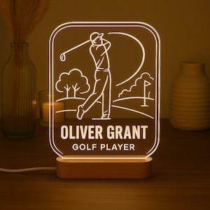 Golf Player Custom Night Light Personalized LED Gift with Laser Engraved Acrylic and Wood Base
