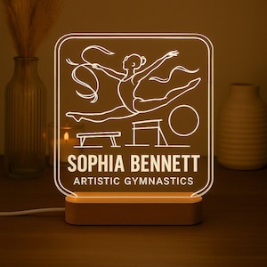 Gymnast Custom Night Light Personalized LED Gift with Laser Engraved Acrylic Design and Wooden Base