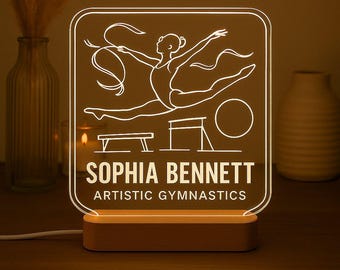 Gymnast Custom Night Light Personalized LED Gift with Laser Engraved Acrylic Design and Wooden Base