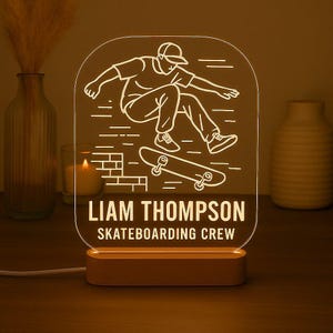 Skateboarder Custom Night Light Personalized LED Lamp with Engraved Acrylic Design and Wooden Base Gift for Skaters