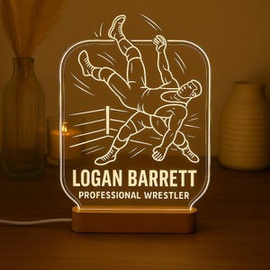 Wrestler Custom Night Light Personalized Gift with LED Base and Laser Engraved Acrylic Design for Sport Lovers