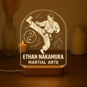 Martial Artist Custom Night Light Personalized LED Gift with Laser Engraved Acrylic and Wooden Base
