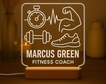 Personal Trainer Custom Night Light Personalized Gift with Laser Engraved Acrylic and LED Wooden Base