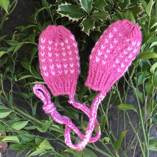 Infant Baby Toddler Knitted Mittens Pink Mittens on a String  Thumbless Handknitted Mittens Extra Warm